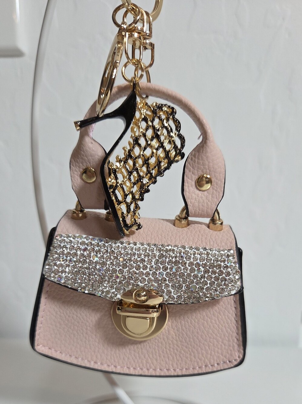 Women's Pink Mini Handbag Keychain with Crystal Accent